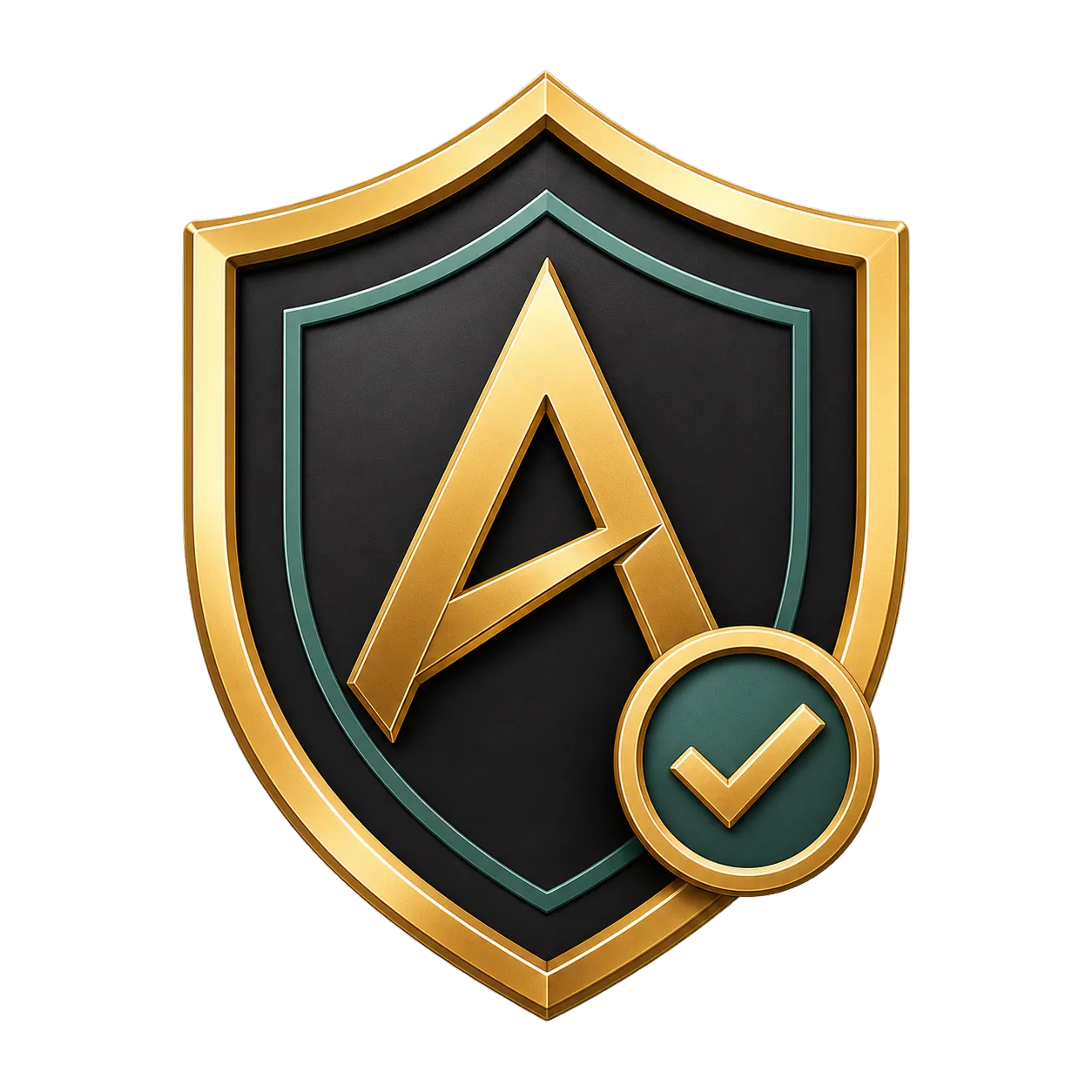 Generated green and gold polished shield with abstract A and verification check for BBB profile trust signal.