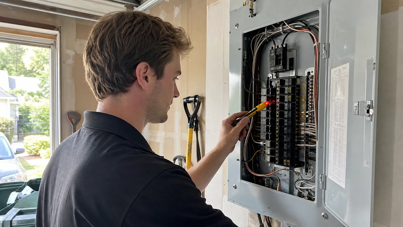 Electrician troubleshooting why a residential circuit breaker keeps tripping.