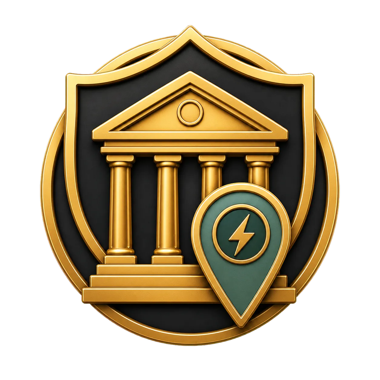 Generated green and gold civic building, map pin, and electrical spark badge for local Chamber membership.