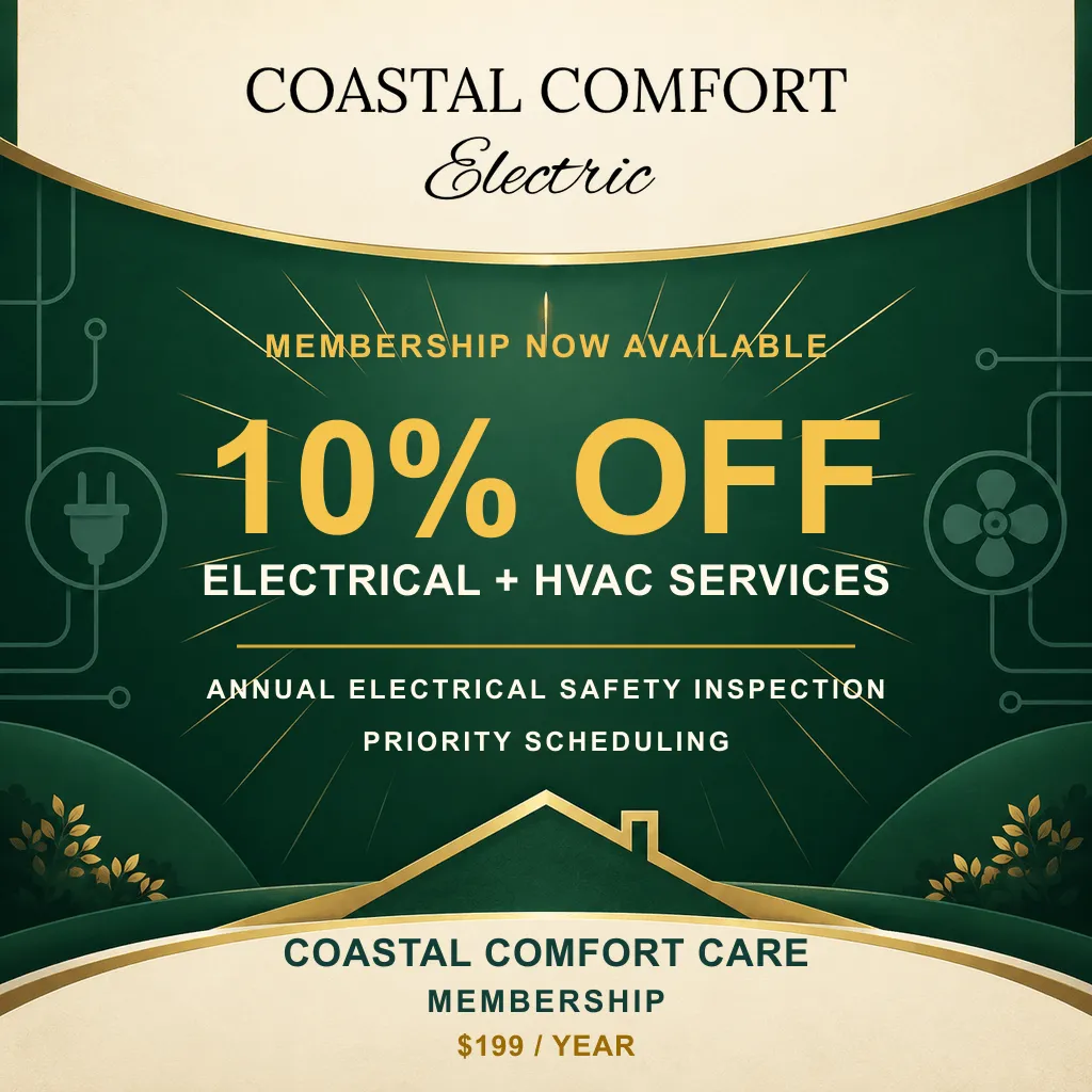 Coastal Comfort Care Membership announcement featuring 10% off electrical and HVAC services.