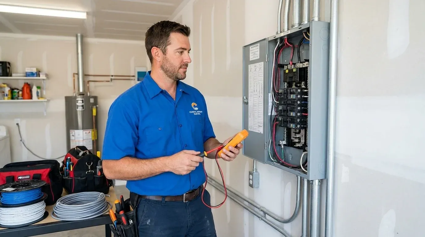 Coastal Comfort Electric technician verifying AFCI protection work in a Wilmington-area home.