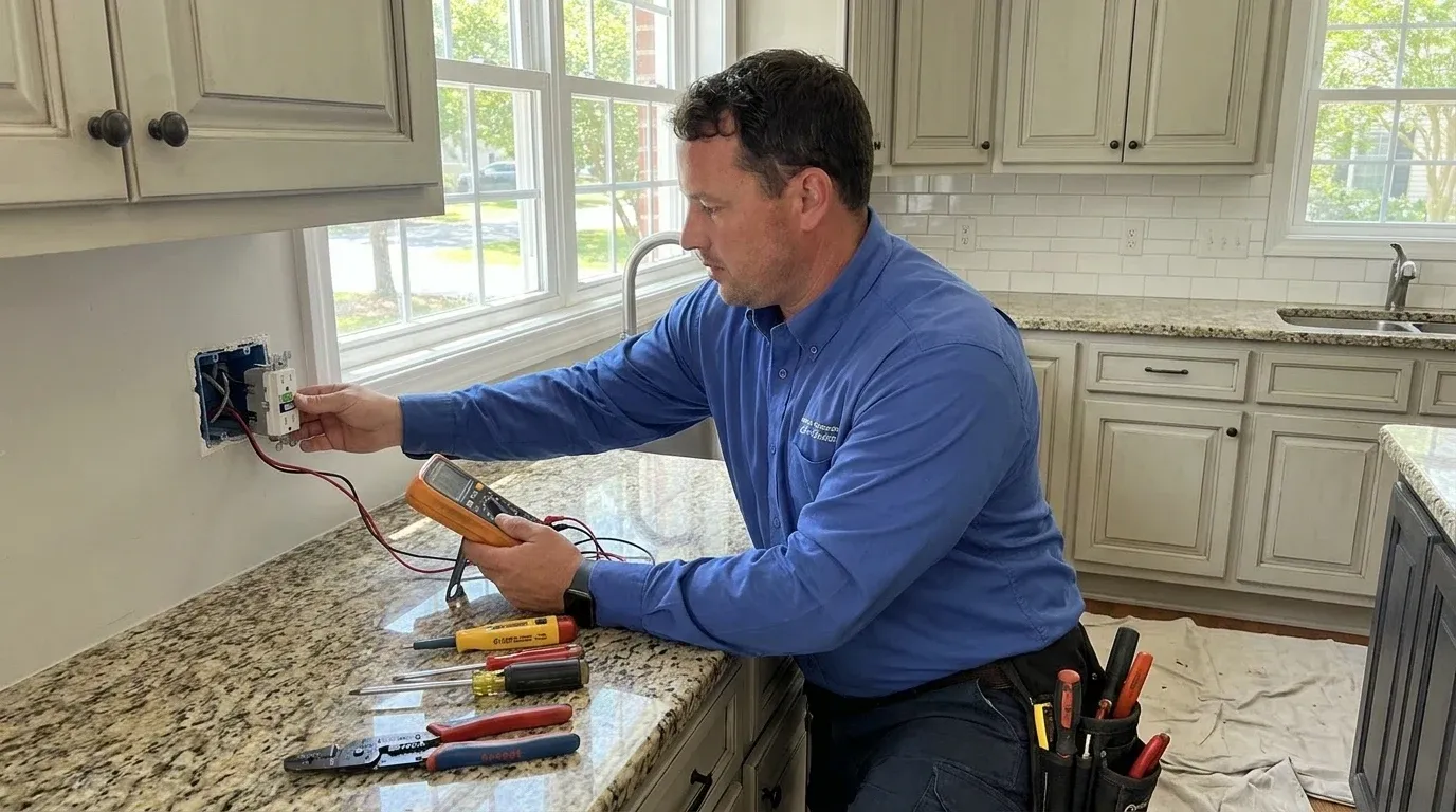 Coastal Comfort Electric AFCI Protection Field Review Coastal Comfort Electric technician checking electrical conditions for AFCI protection at a Wilmington-area home.