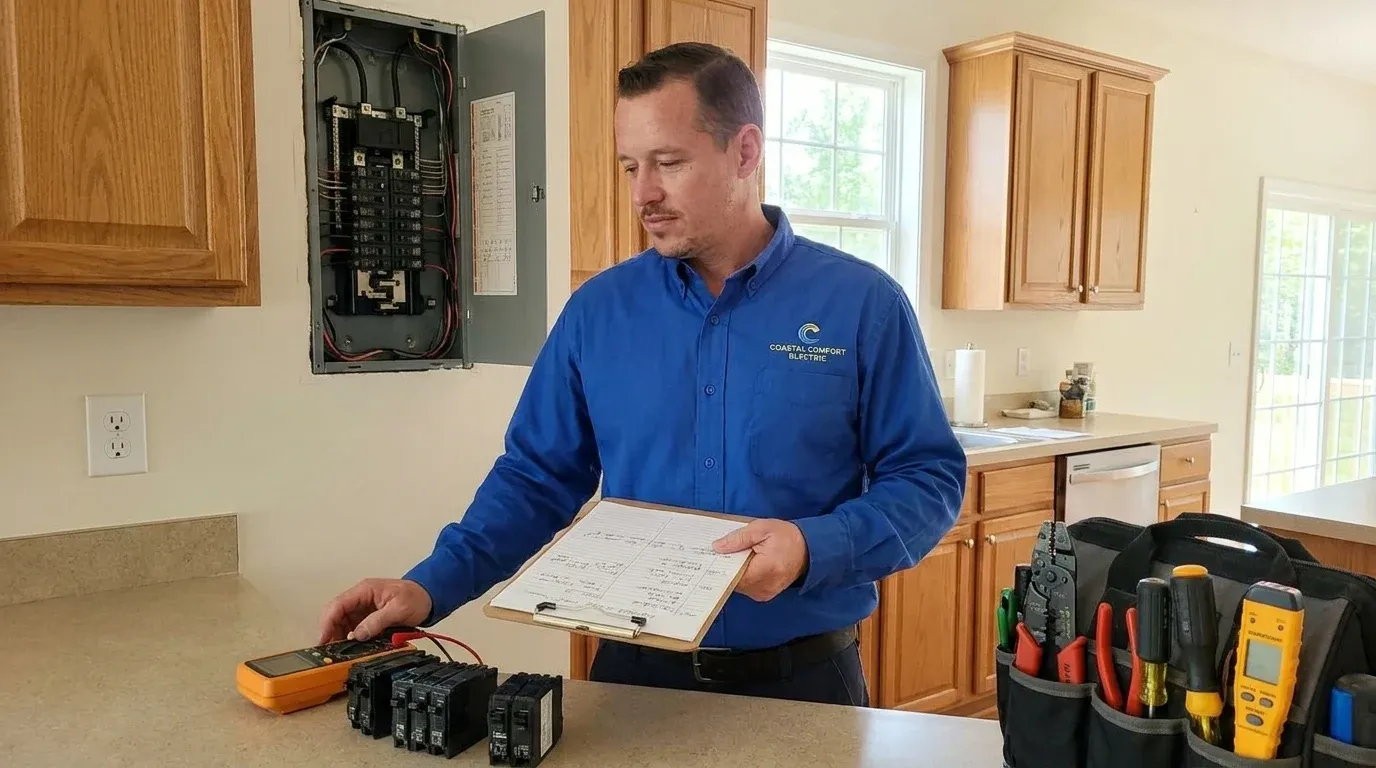 Coastal Comfort Electric AFCI Protection Planning Coastal Comfort Electric technician reviewing notes and materials for AFCI protection planning.