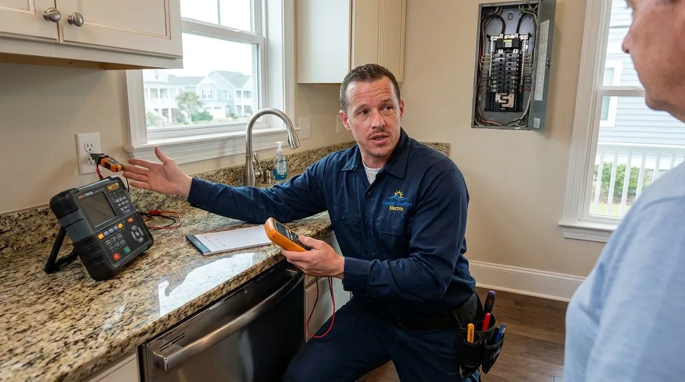Coastal Comfort Electric technician reviewing AFCI protection needs at a Wilmington-area home.