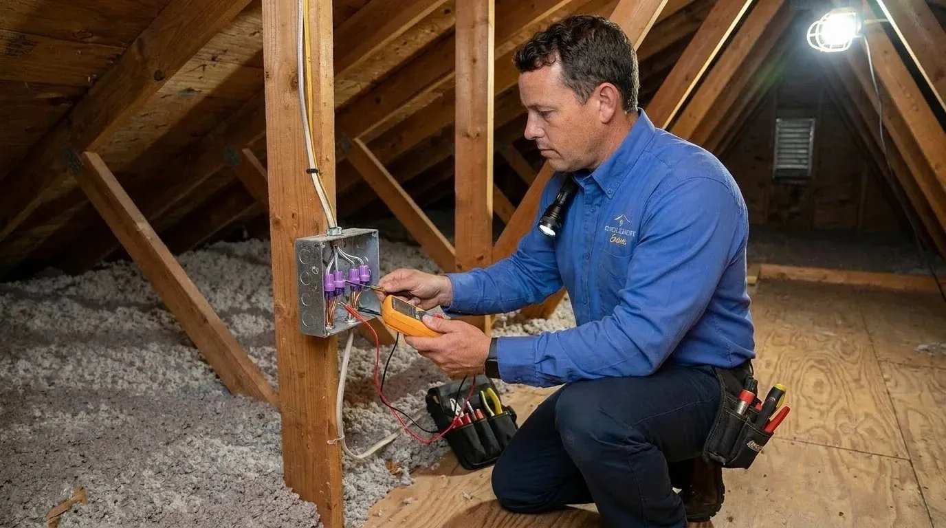 Coastal Comfort Electric technician verifying aluminum wiring repair work in a Wilmington-area home.
