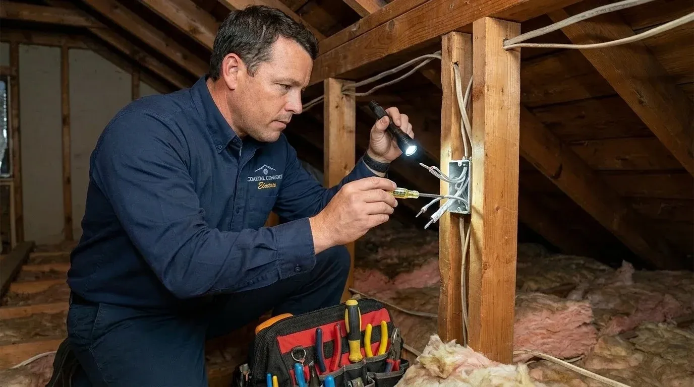 Coastal Comfort Electric Aluminum Wiring Repair Field Review Coastal Comfort Electric technician checking electrical conditions for aluminum wiring repair at a Wilmington-area home.