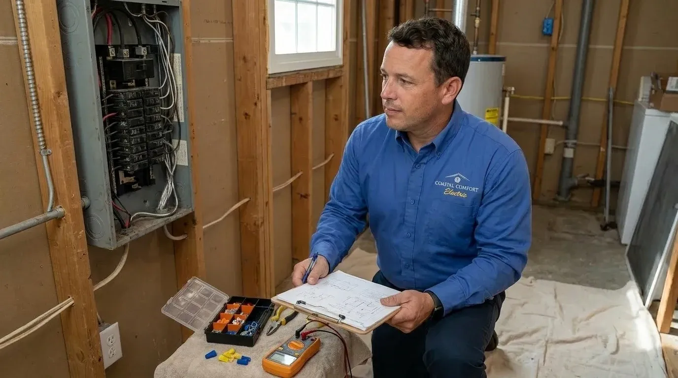 Coastal Comfort Electric Aluminum Wiring Repair Planning Coastal Comfort Electric technician reviewing notes and materials for aluminum wiring repair planning.