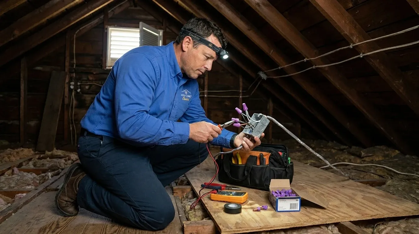 Coastal Comfort Electric technician reviewing aluminum wiring repair needs at a Wilmington-area home.