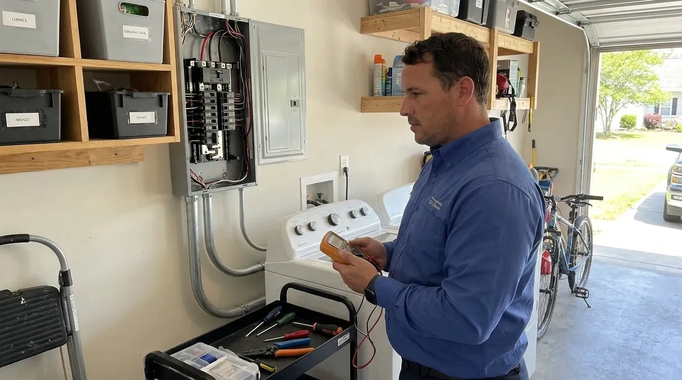 Coastal Comfort Electric technician verifying appliance circuit installation work in a Wilmington-area home.