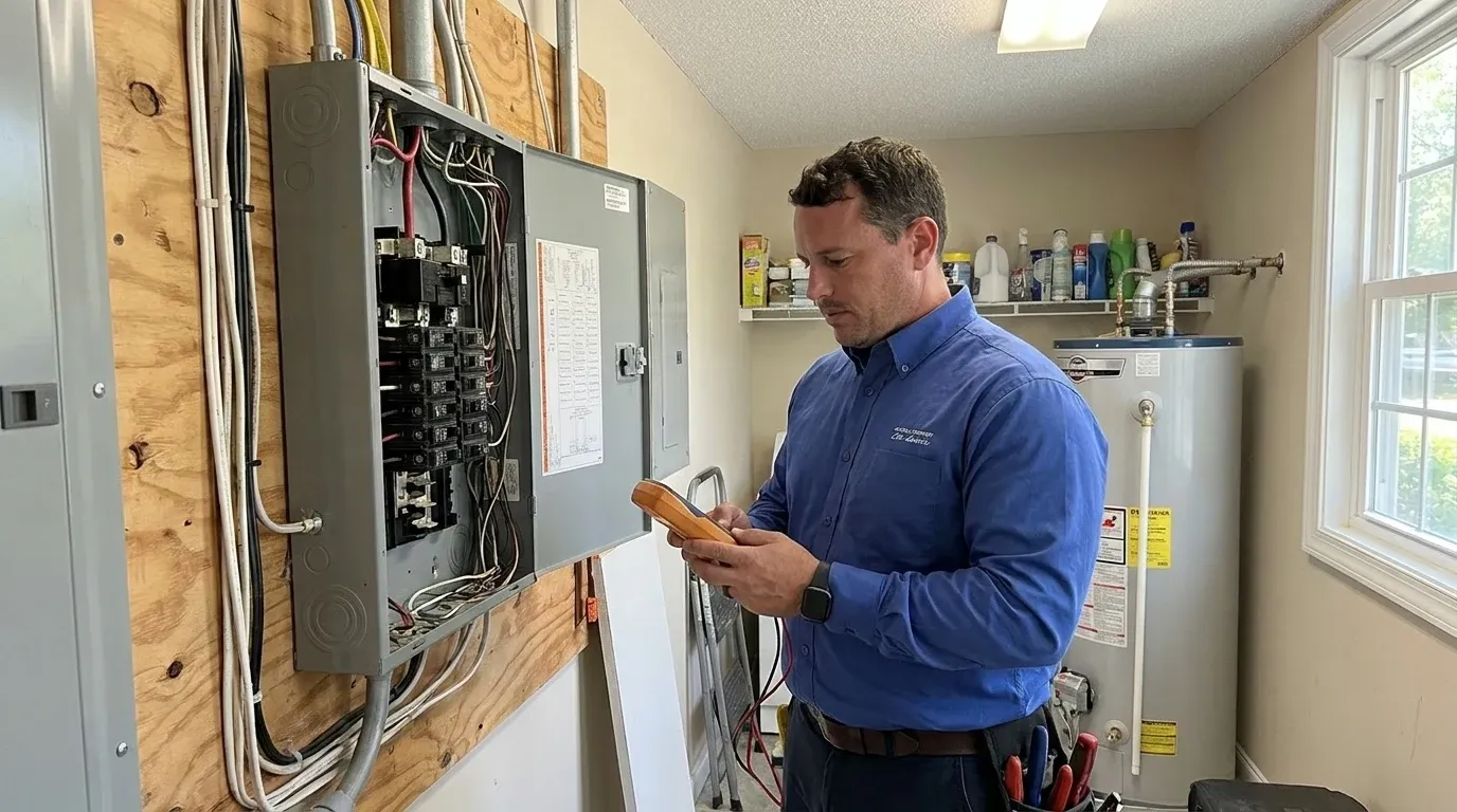 Coastal Comfort Electric Appliance Circuit Installation Field Review Coastal Comfort Electric technician checking electrical conditions for appliance circuit installation at a Wilmington-area home.