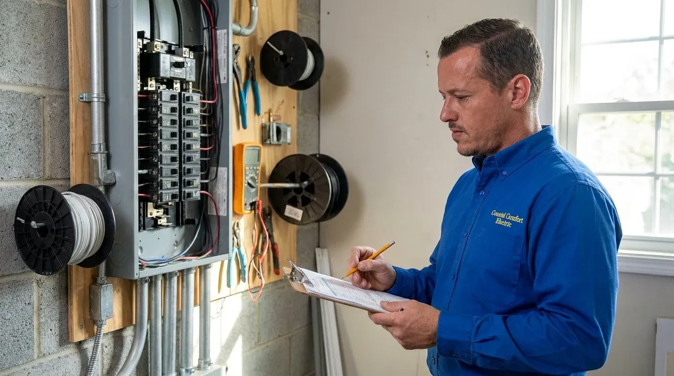 Coastal Comfort Electric Appliance Circuit Installation Planning Coastal Comfort Electric technician reviewing notes and materials for appliance circuit installation planning.