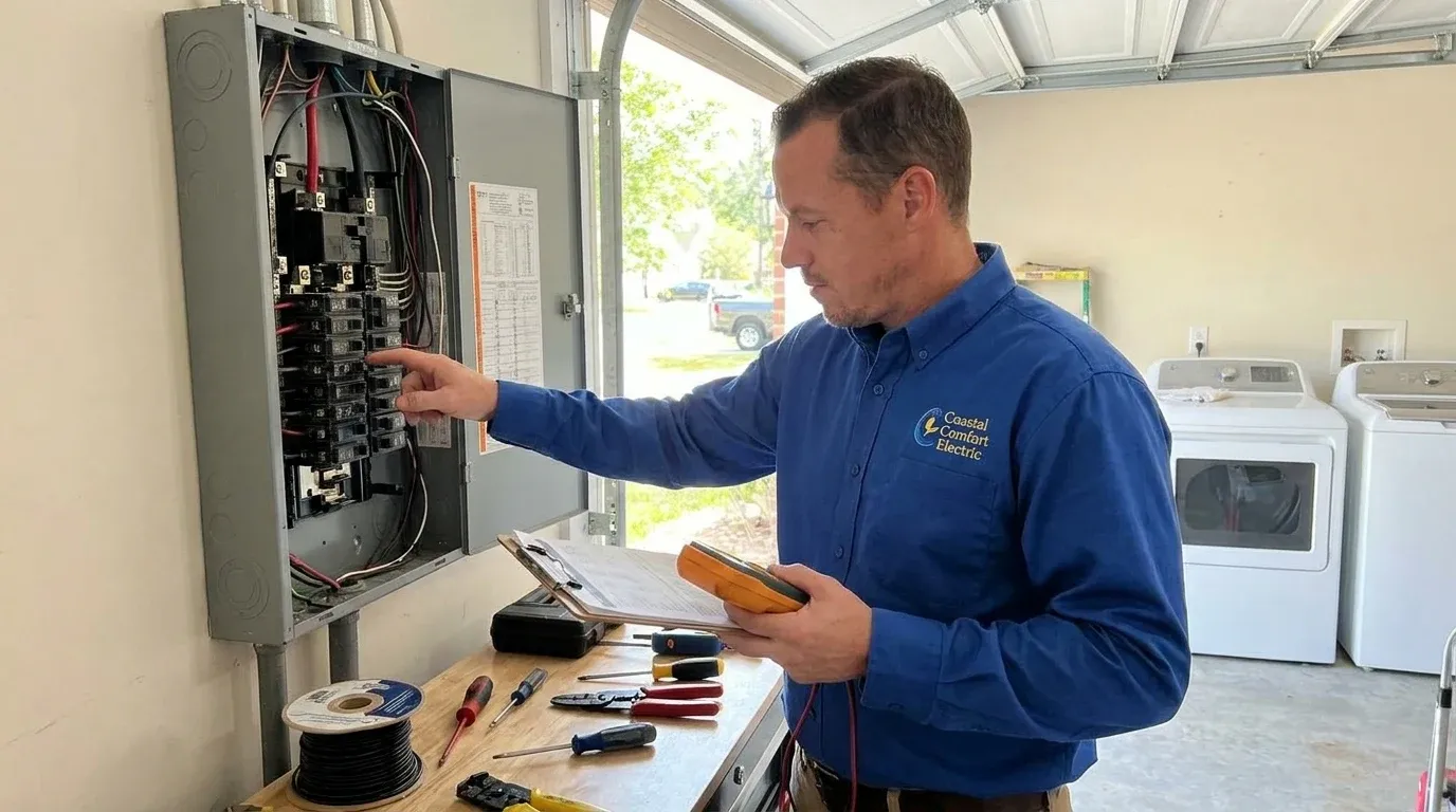 Coastal Comfort Electric technician reviewing appliance circuit installation needs at a Wilmington-area home.