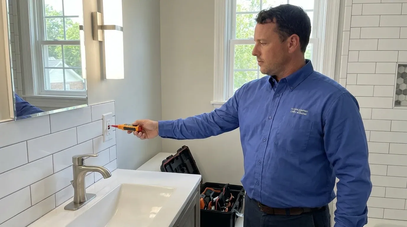 Coastal Comfort Electric technician verifying bathroom electrical upgrades work in a Wilmington-area home.