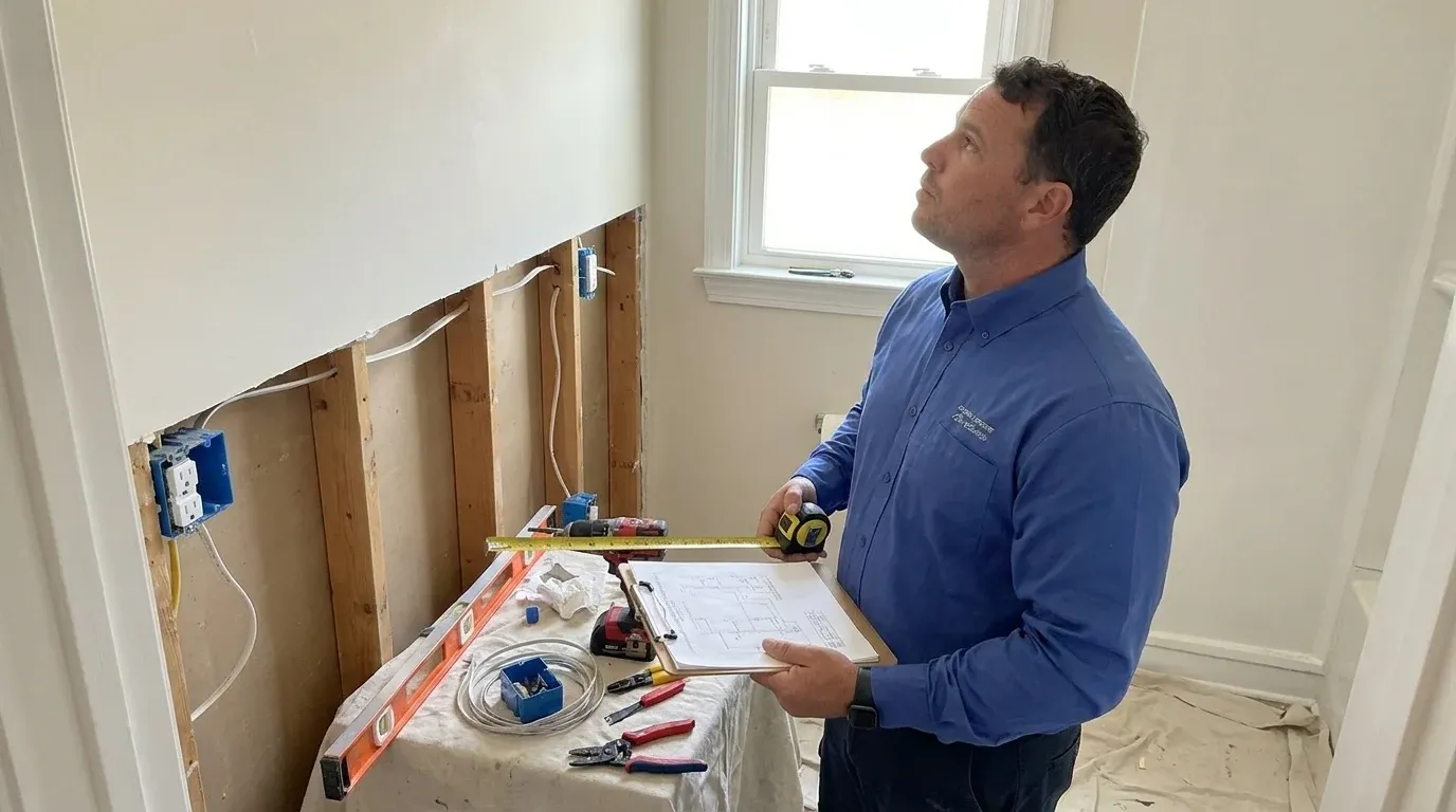 Coastal Comfort Electric Bathroom Electrical Upgrades Field Review Coastal Comfort Electric technician checking electrical conditions for bathroom electrical upgrades at a Wilmington-area home.