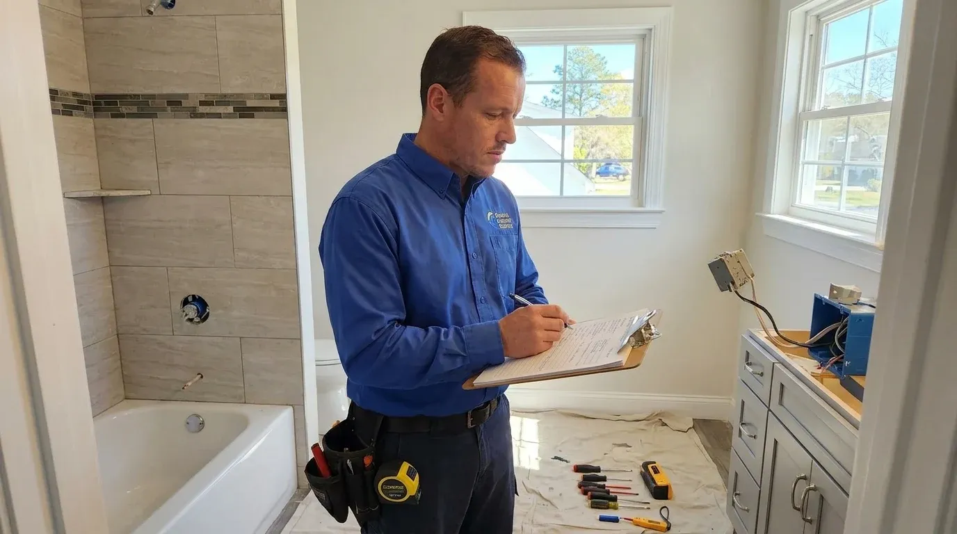 Coastal Comfort Electric Bathroom Electrical Upgrades Planning Coastal Comfort Electric technician reviewing notes and materials for bathroom electrical upgrades planning.