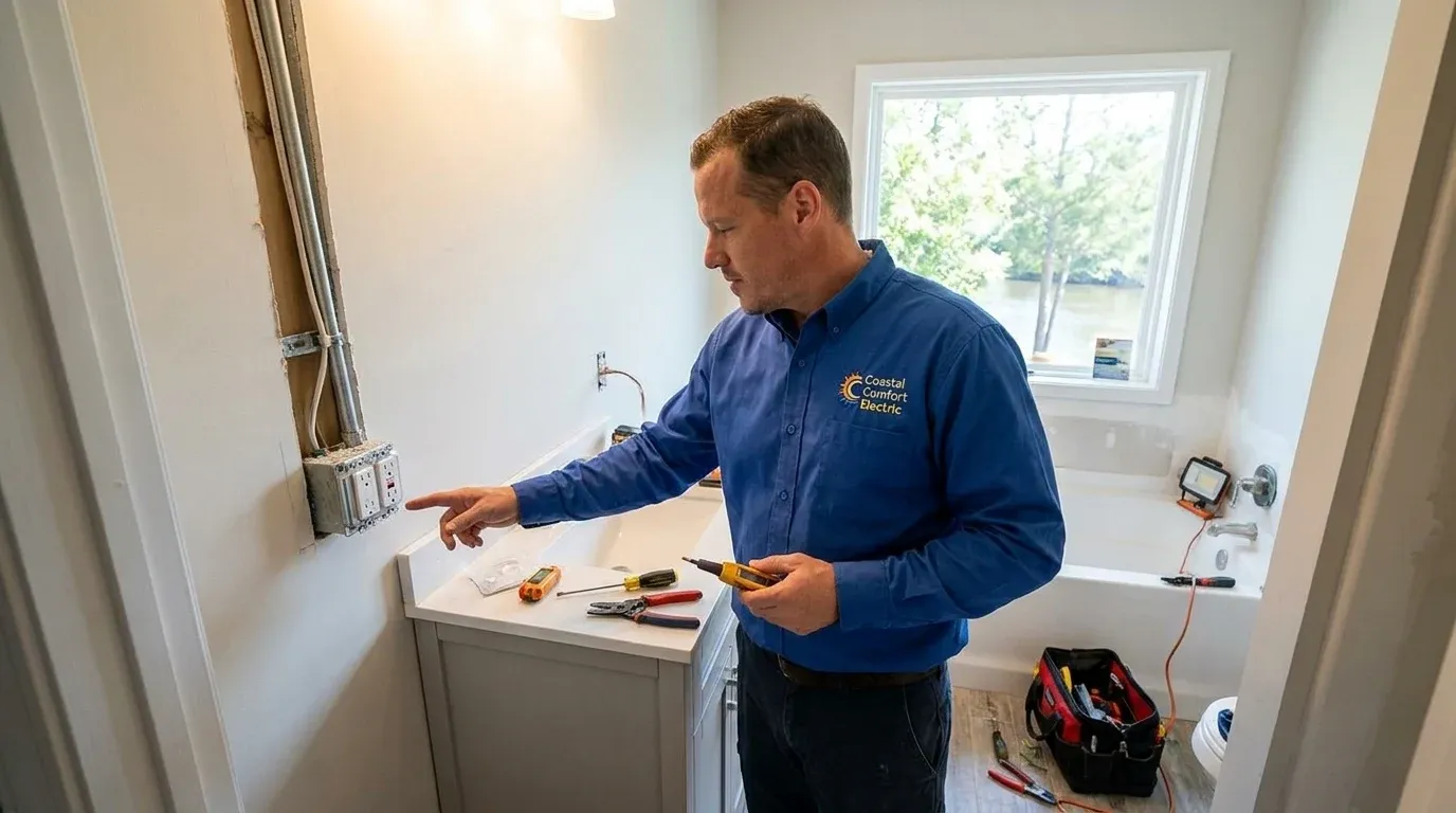 Coastal Comfort Electric technician reviewing bathroom electrical upgrades needs at a Wilmington-area home.