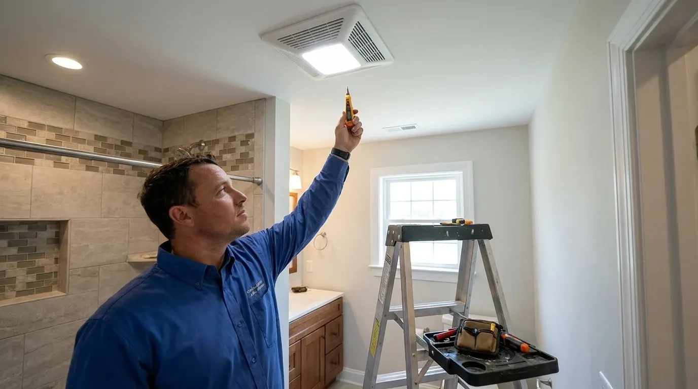 Coastal Comfort Electric technician verifying bathroom fan installation work in a Wilmington-area home.