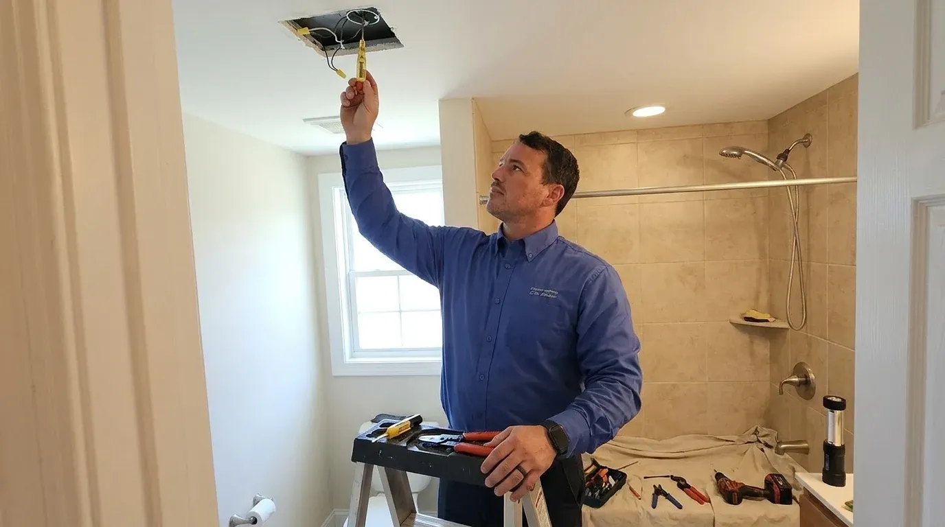 Coastal Comfort Electric Bathroom Fan Installation Field Review Coastal Comfort Electric technician checking electrical conditions for bathroom fan installation at a Wilmington-area home.