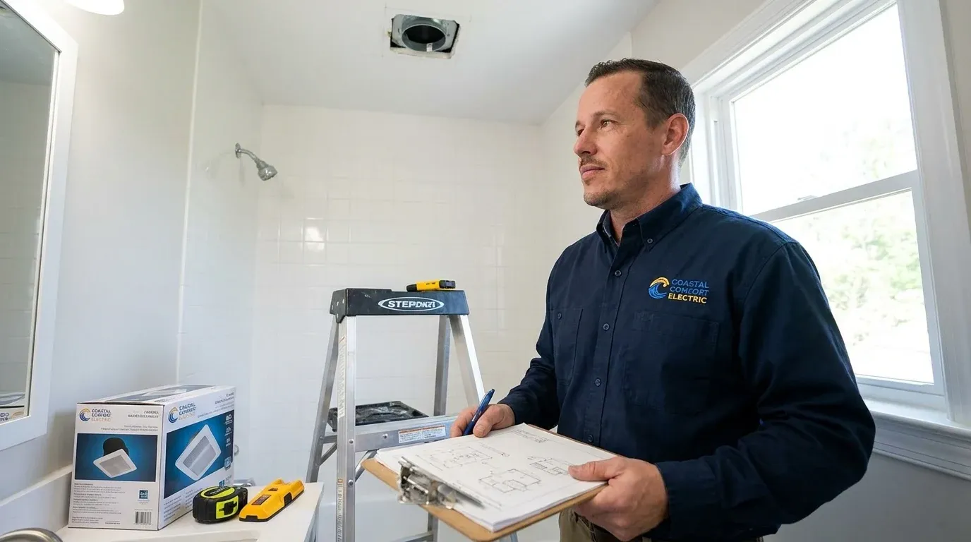 Coastal Comfort Electric Bathroom Fan Installation Planning Coastal Comfort Electric technician reviewing notes and materials for bathroom fan installation planning.