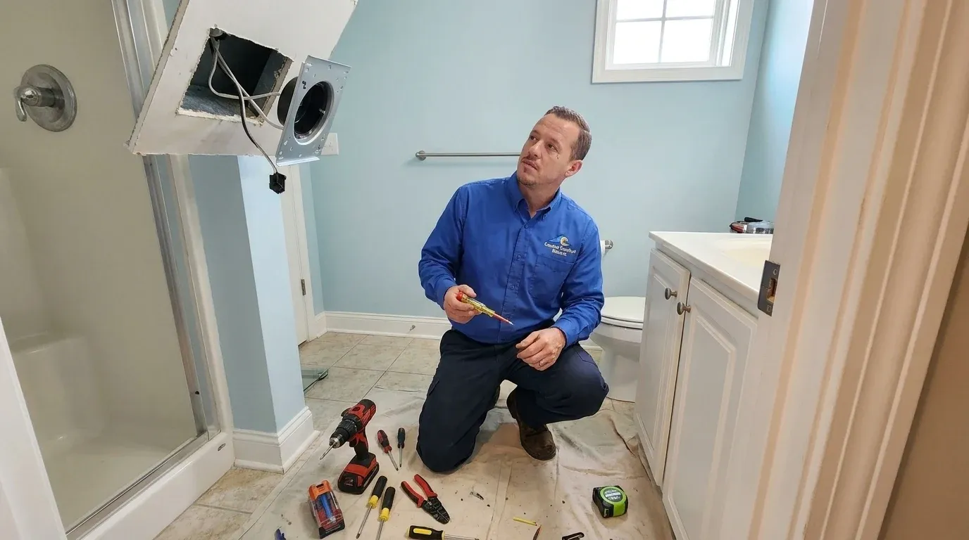 Coastal Comfort Electric technician reviewing bathroom fan installation needs at a Wilmington-area home.