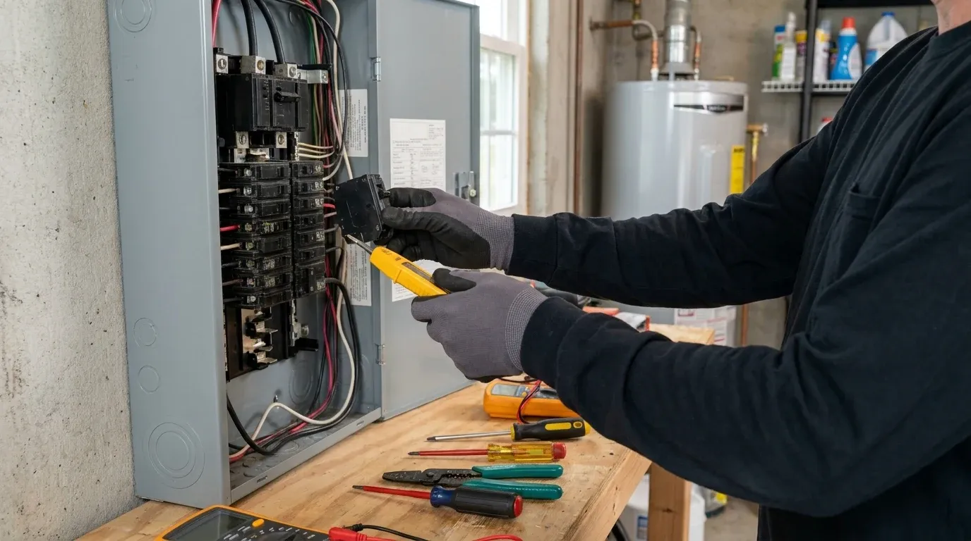 Coastal Comfort Electric technician testing a residential circuit breaker before replacement.