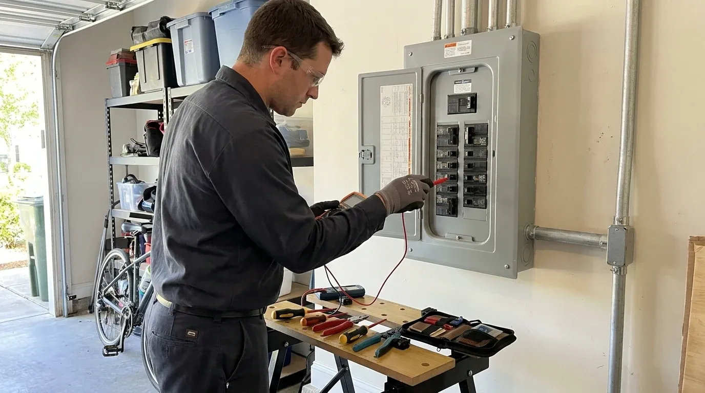 Coastal Comfort Electric technician checking a residential panel after breaker replacement.
