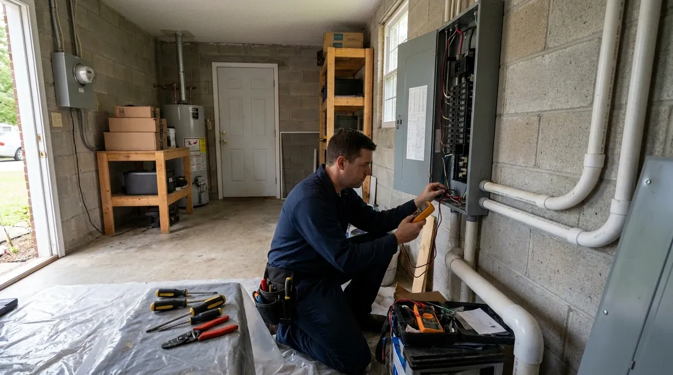 Coastal Comfort Electric technician diagnosing a residential breaker replacement issue in a Wilmington area home.