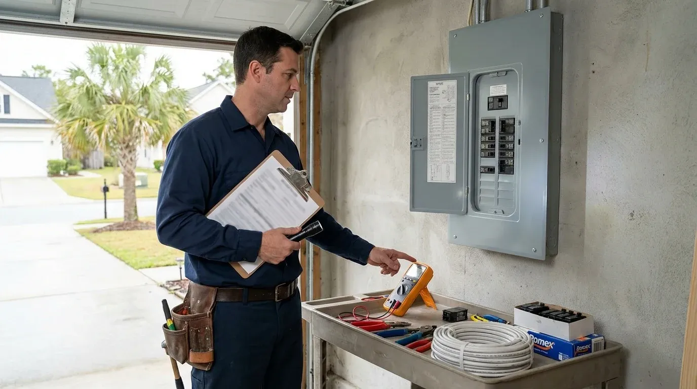 Coastal Comfort Electric technician reviewing breaker replacement notes and compatible parts.