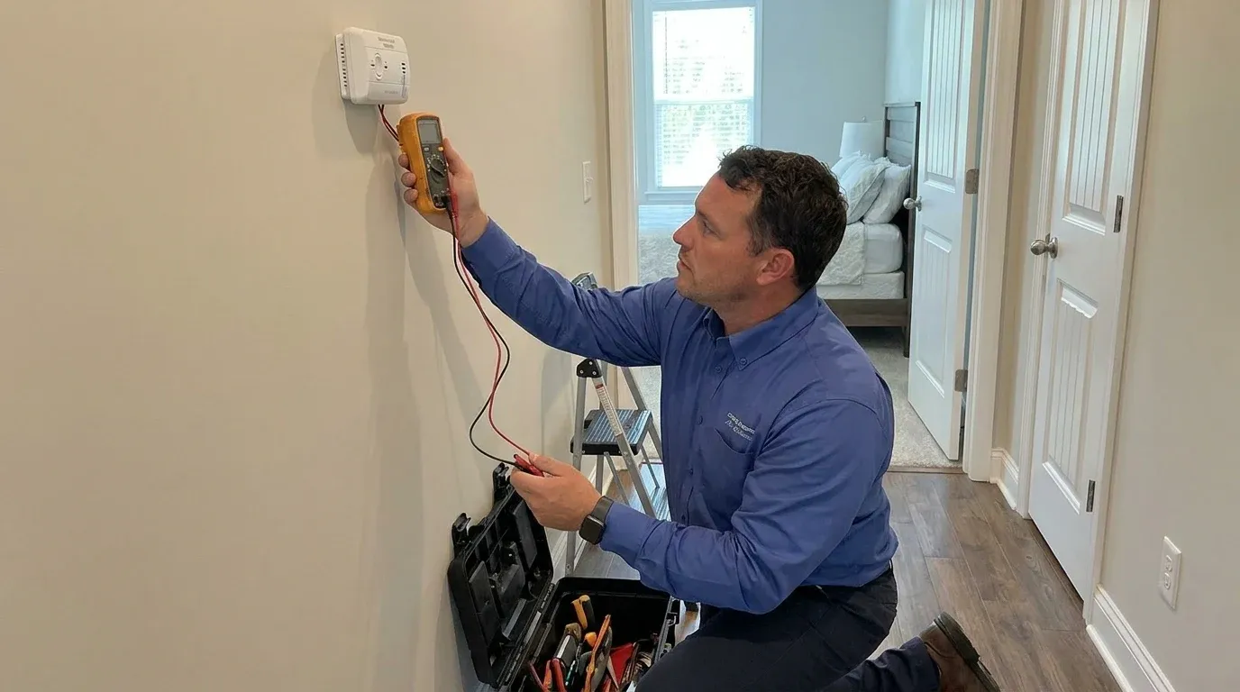 Coastal Comfort Electric technician verifying carbon monoxide detector installation work in a Wilmington-area home.