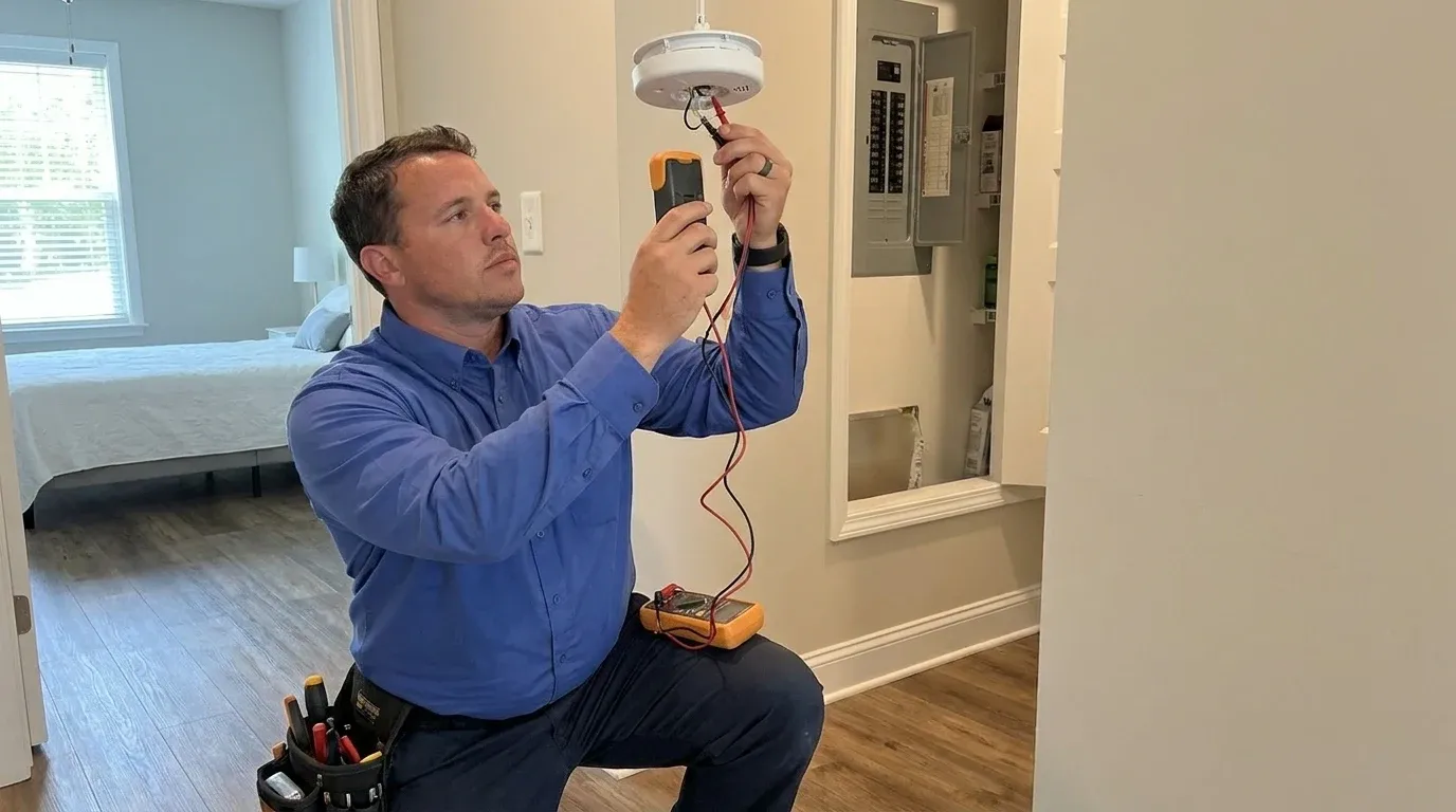 Coastal Comfort Electric technician checking electrical conditions for carbon monoxide detector installation at a Wilmington-area home.