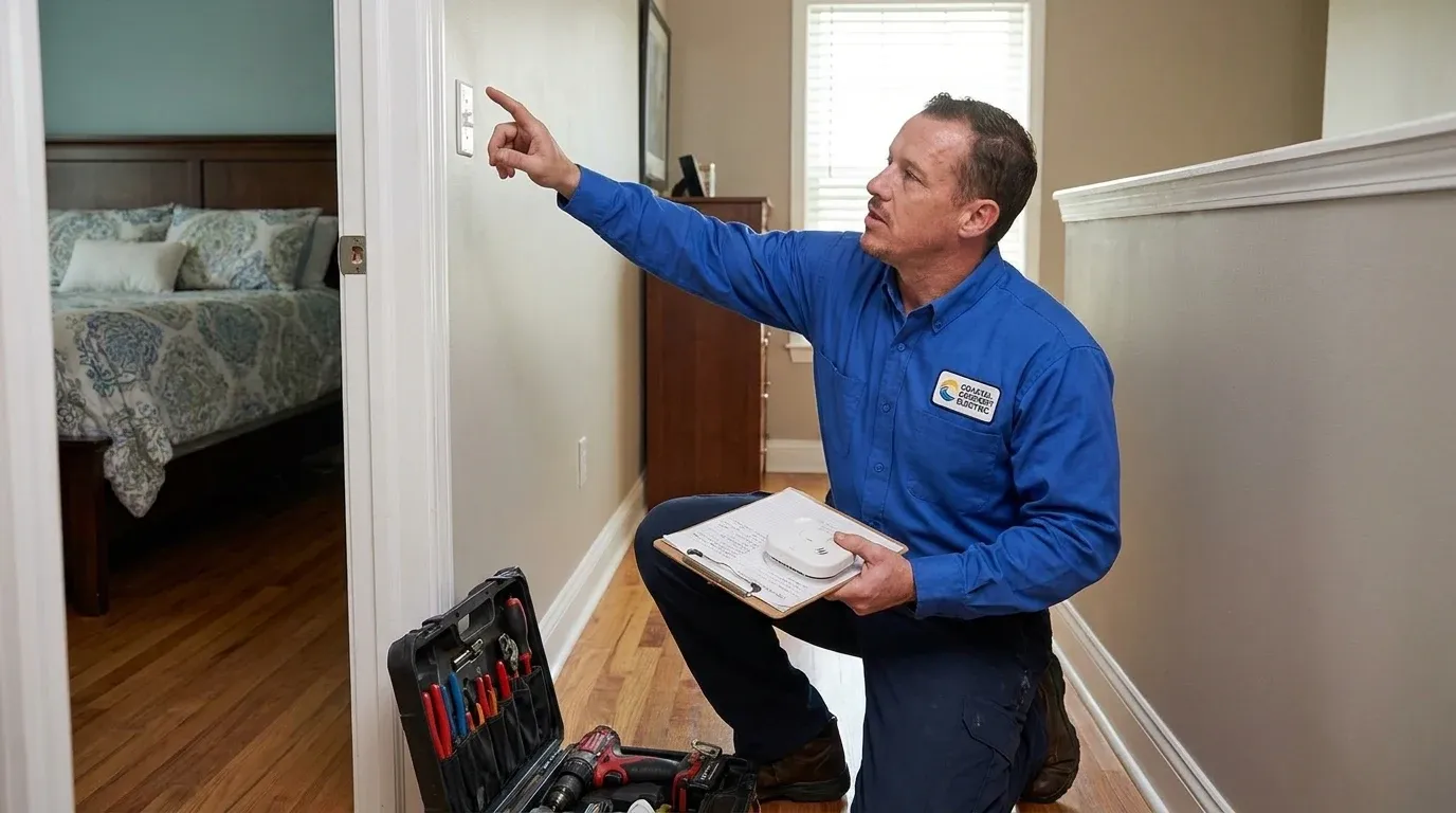 Coastal Comfort Electric technician reviewing notes and materials for carbon monoxide detector installation planning.