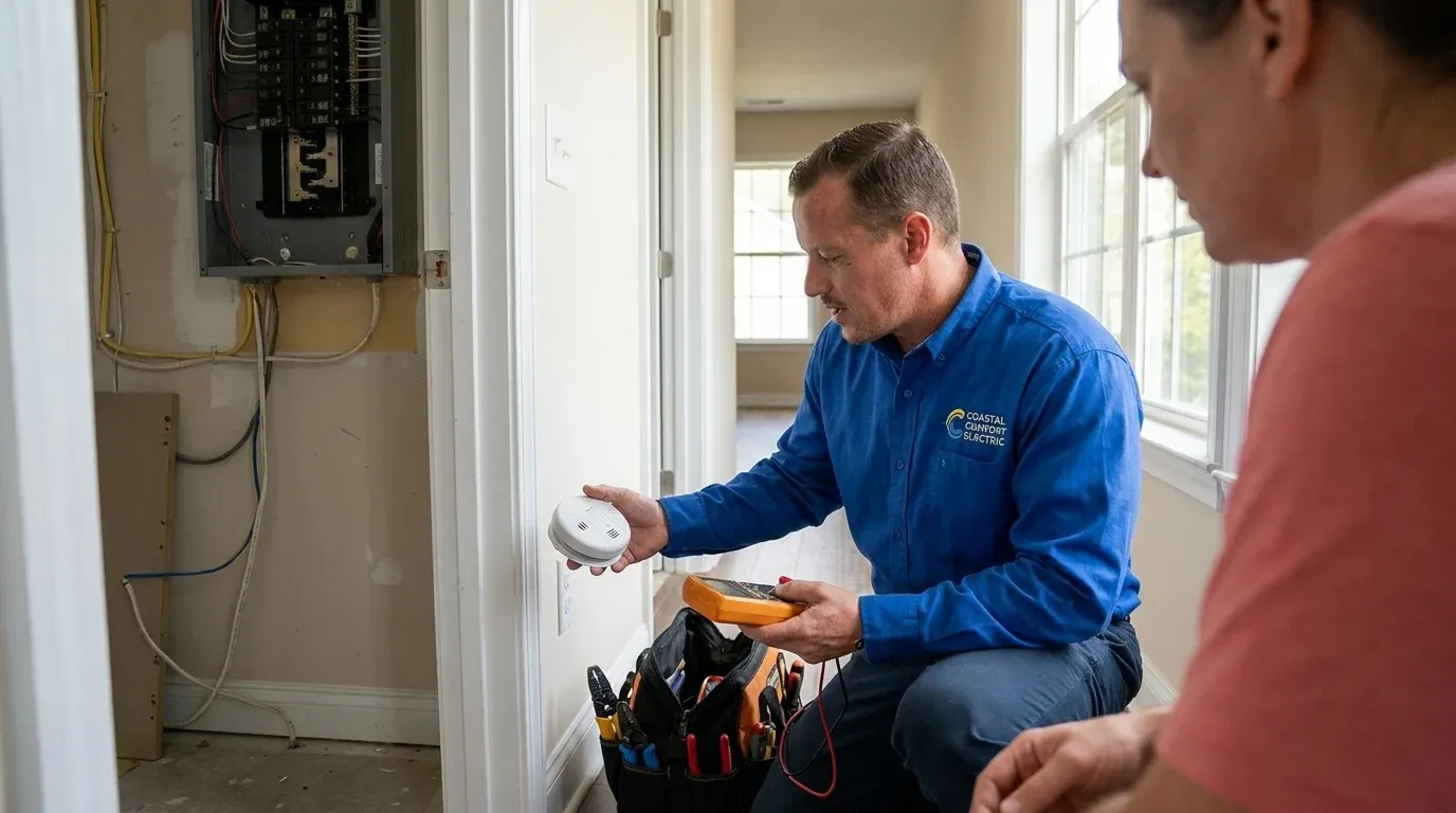 Coastal Comfort Electric technician reviewing carbon monoxide detector installation needs at a Wilmington-area home.
