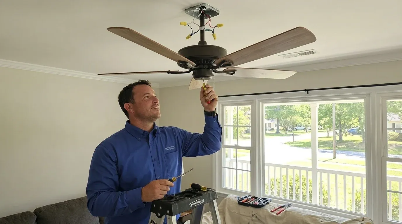 Coastal Comfort Electric technician verifying ceiling fan installation work in a Wilmington-area home.
