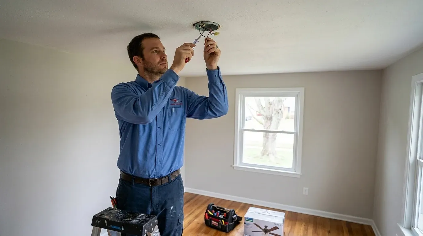 Coastal Comfort Electric Ceiling Fan Installation Field Review Coastal Comfort Electric technician checking electrical conditions for ceiling fan installation at a Wilmington-area home.
