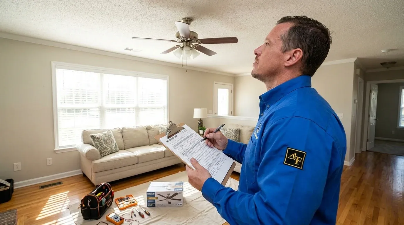 Coastal Comfort Electric Ceiling Fan Installation Planning Coastal Comfort Electric technician reviewing notes and materials for ceiling fan installation planning.