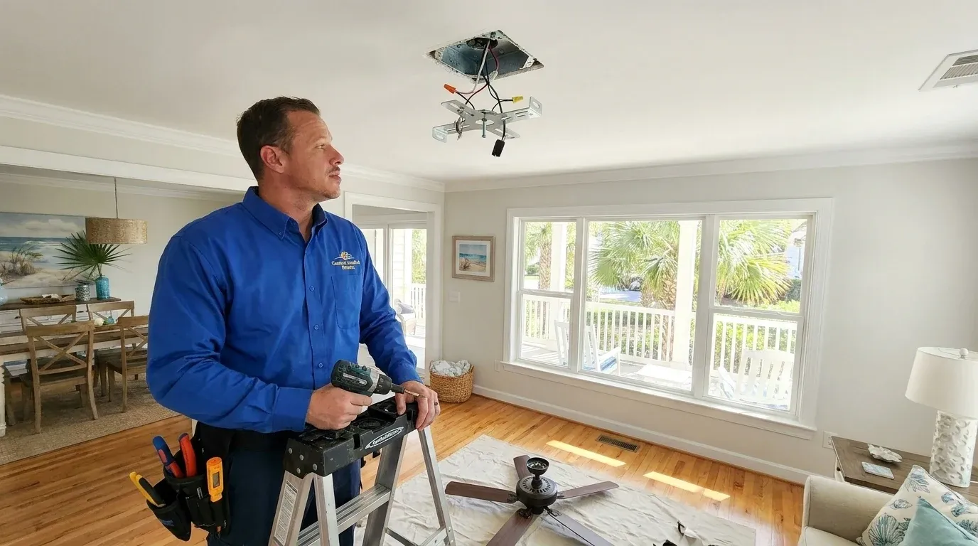 Coastal Comfort Electric technician reviewing ceiling fan installation needs at a Wilmington-area home.