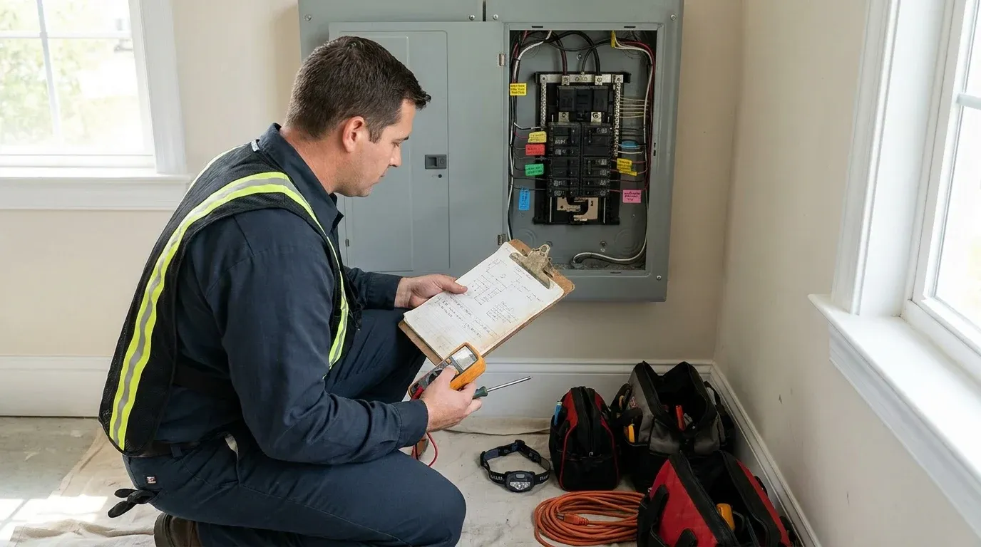 Breaker Troubleshooting Diagnostic Notes Coastal Comfort Electric technician reviewing diagnostic notes during a residential breaker troubleshooting visit.