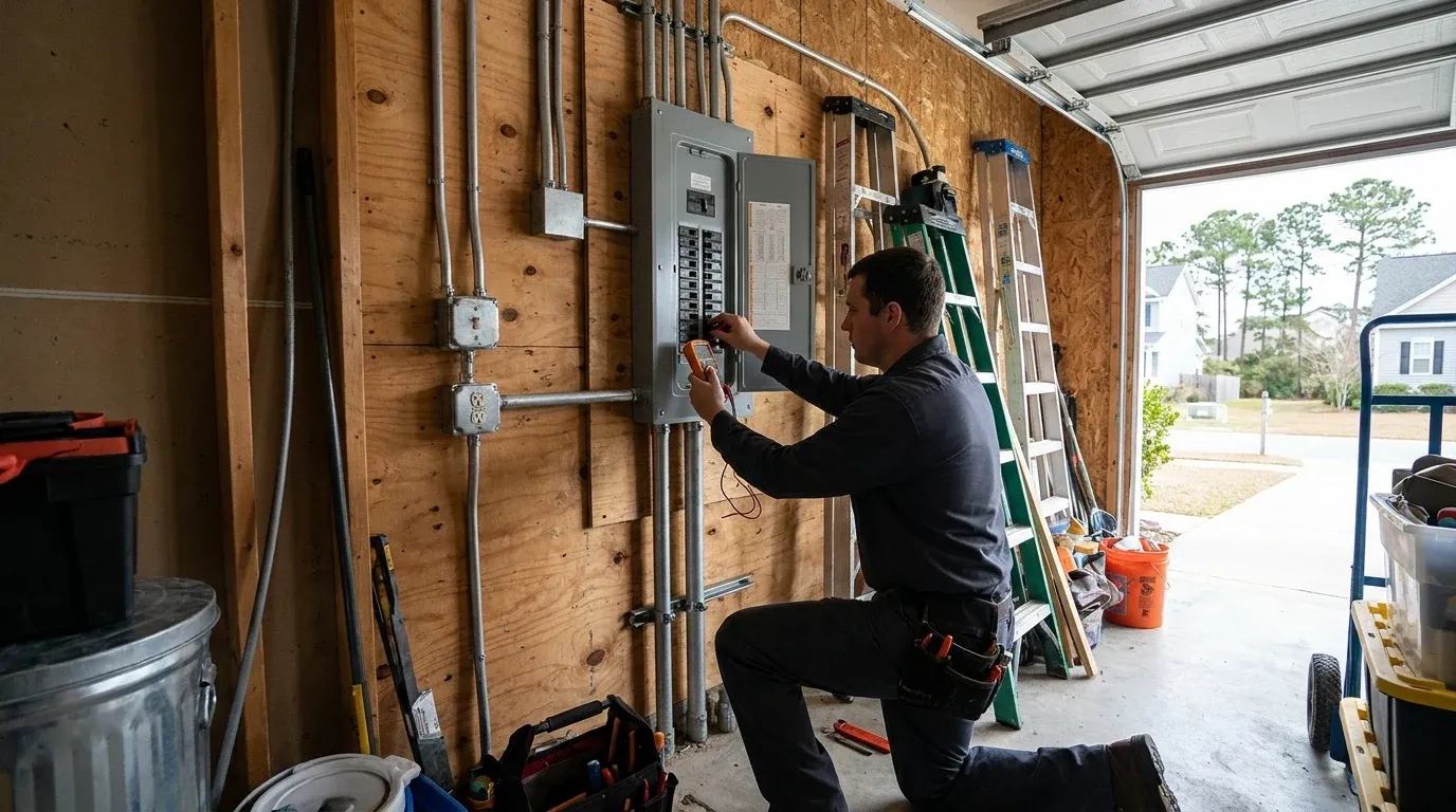 Coastal Comfort Electric technician testing a residential breaker panel during circuit breaker troubleshooting.