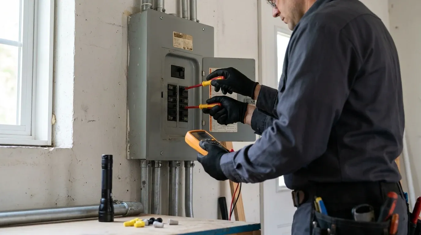 Circuit Load Check Coastal Comfort Electric technician checking circuit load conditions during breaker troubleshooting.