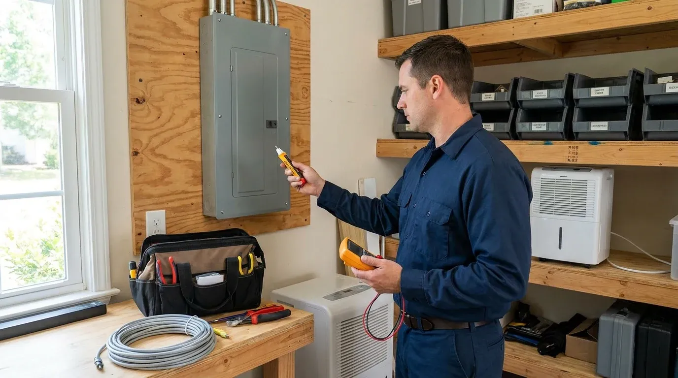 Coastal Comfort Electric technician verifying a residential circuit after breaker troubleshooting.