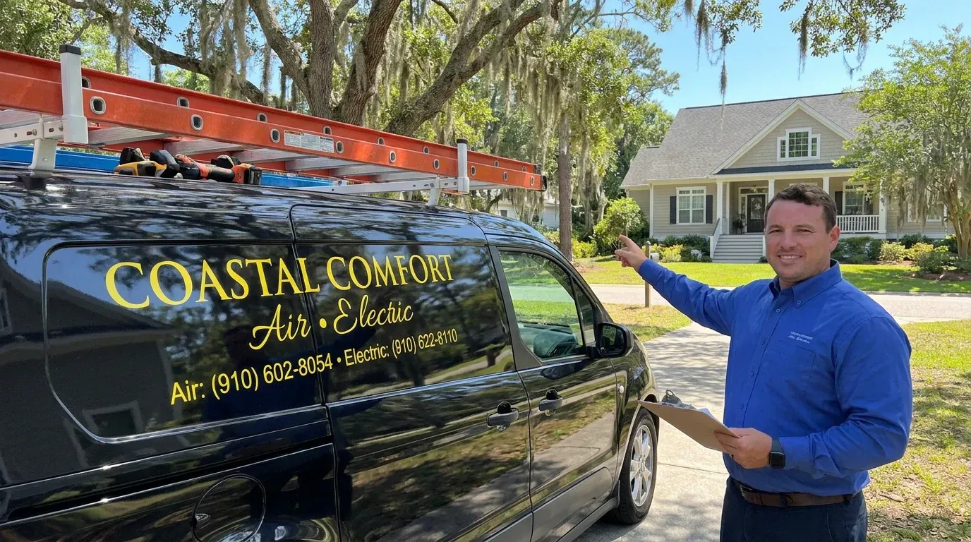 Coastal Comfort Electric Commercial Code Corrections Verification Coastal Comfort Electric technician verifying commercial code corrections work in a Wilmington-area commercial property.