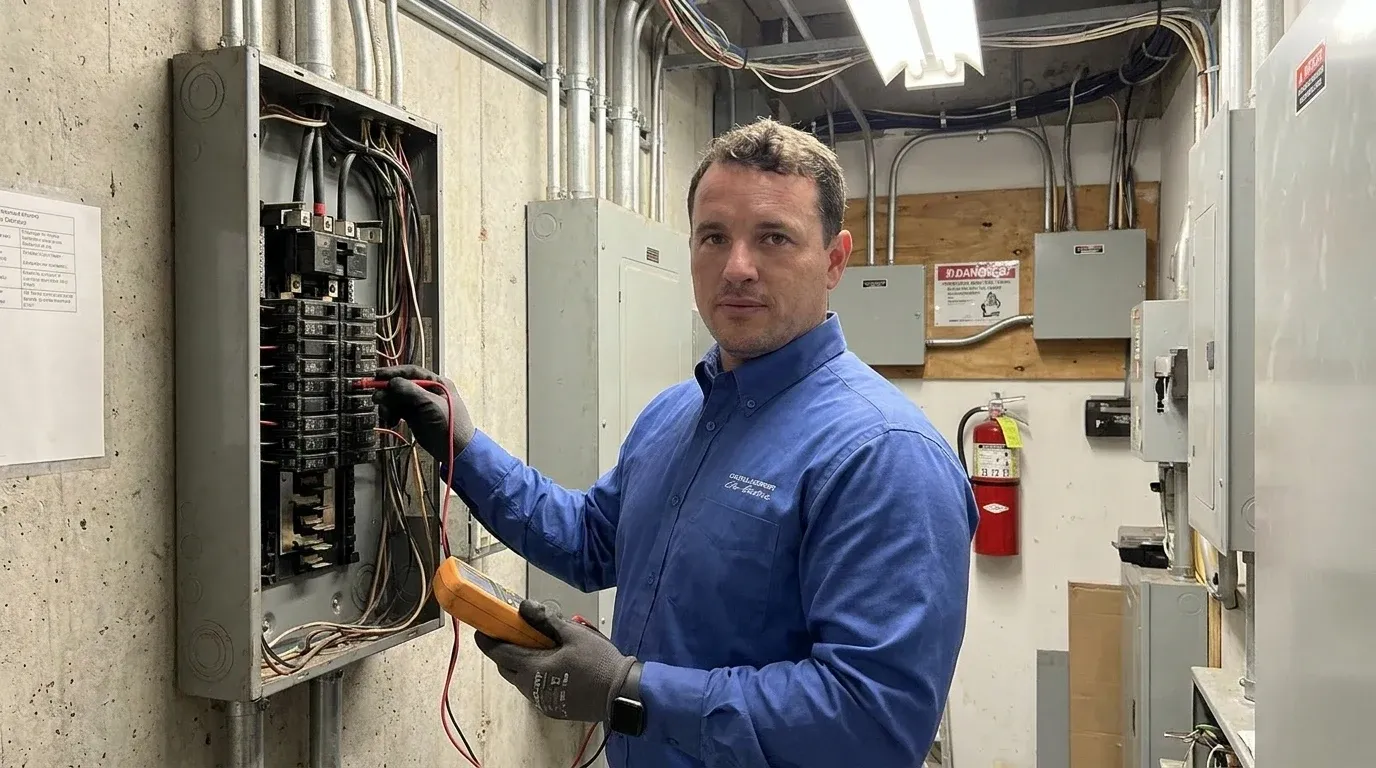 Coastal Comfort Electric Commercial Code Corrections Field Review Coastal Comfort Electric technician checking electrical conditions for commercial code corrections at a Wilmington-area commercial property.