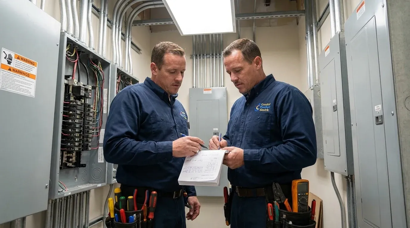 Coastal Comfort Electric Commercial Code Corrections Planning Coastal Comfort Electric technician reviewing notes and materials for commercial code corrections planning.