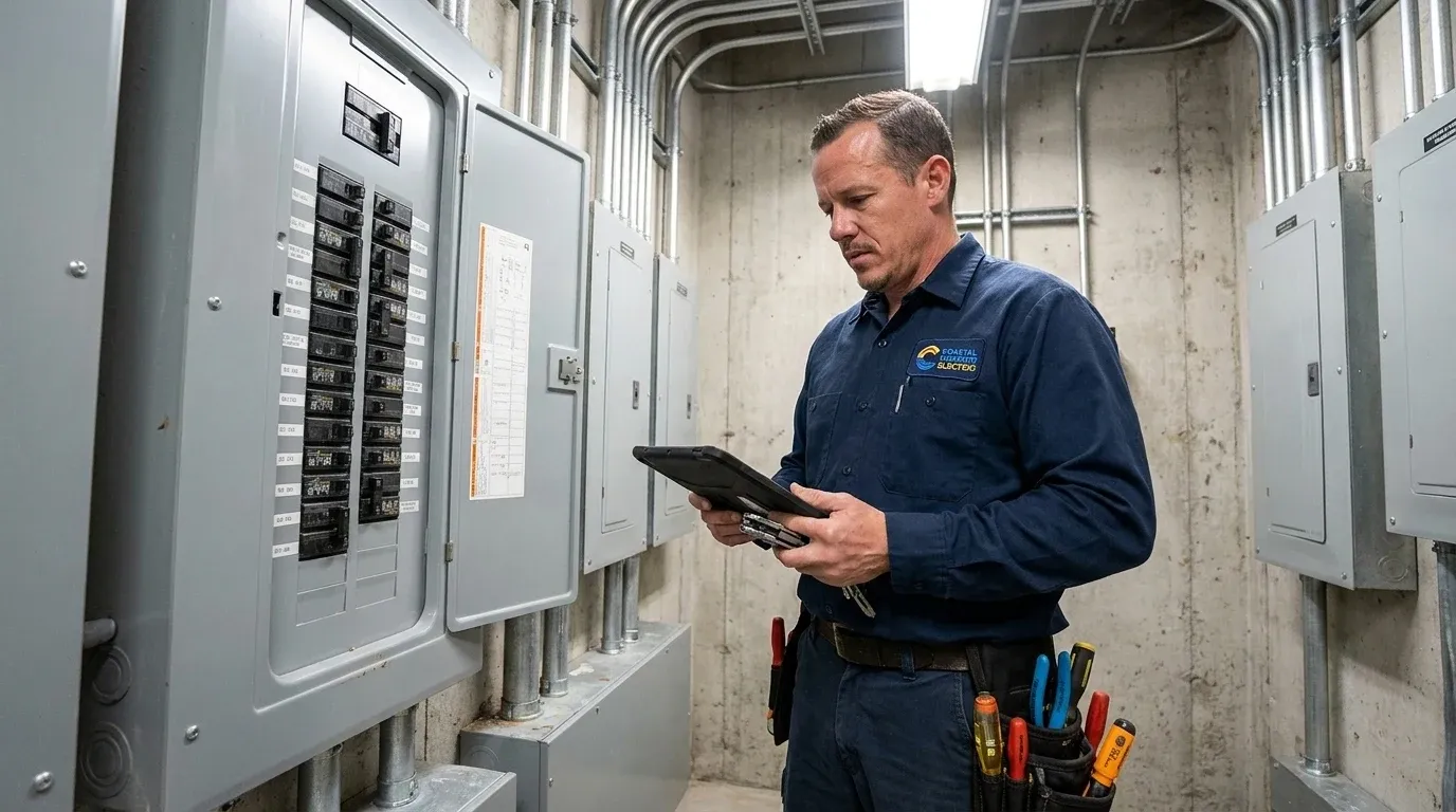 Coastal Comfort Electric technician reviewing commercial code corrections needs at a Wilmington-area commercial property.