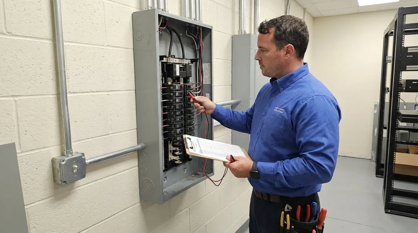 Coastal Comfort Electric technician verifying commercial electrical repairs work in a Wilmington-area commercial property.