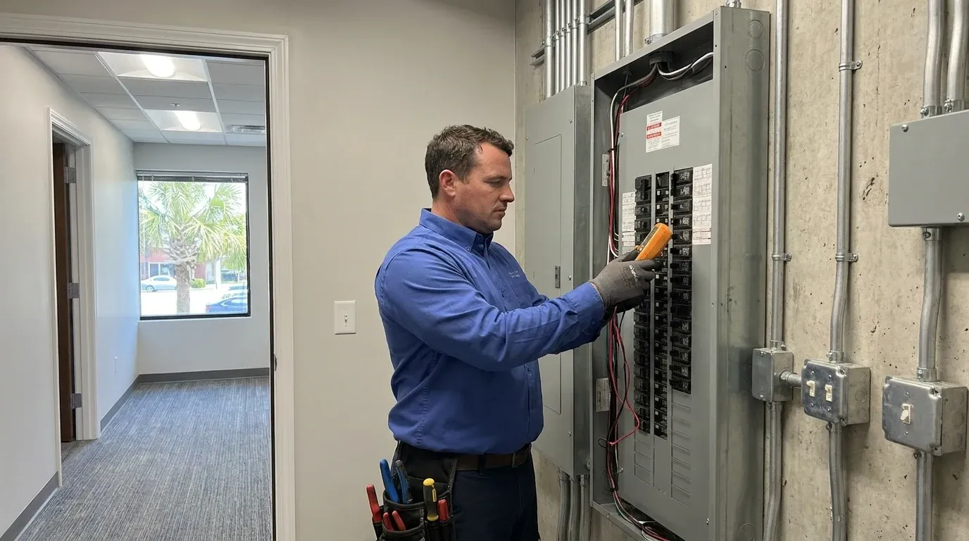 Coastal Comfort Electric technician checking electrical conditions for commercial electrical repairs at a Wilmington-area commercial property.