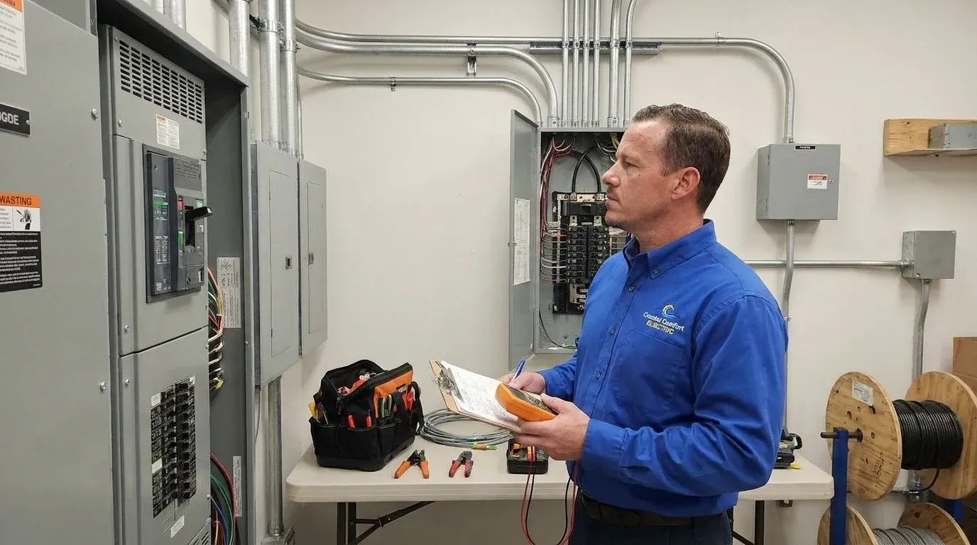 Coastal Comfort Electric technician reviewing notes and materials for commercial electrical repairs planning.
