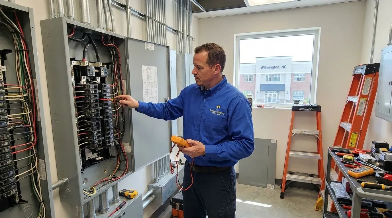 Coastal Comfort Electric technician reviewing commercial electrical repairs needs at a Wilmington-area commercial property.