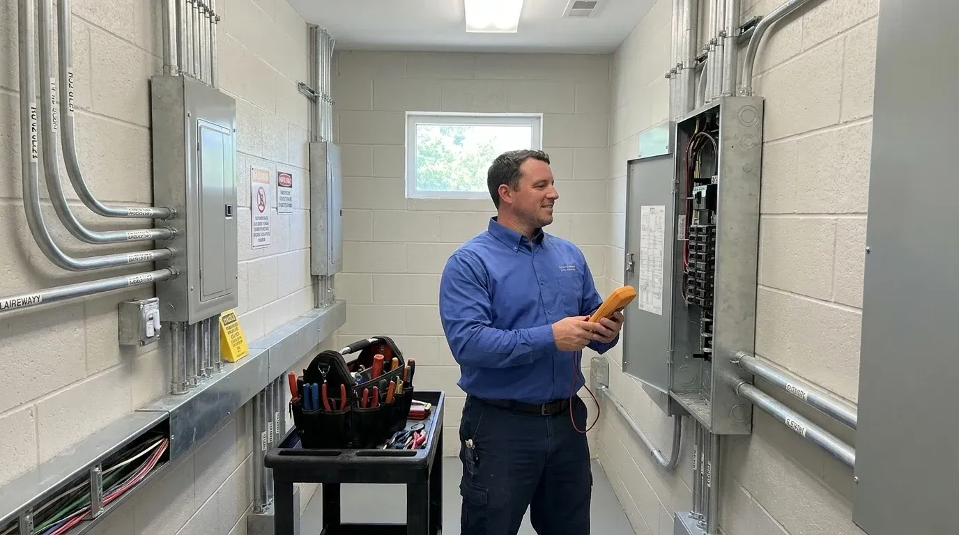 Coastal Comfort Electric technician verifying commercial electrical troubleshooting work in a Wilmington-area commercial property.