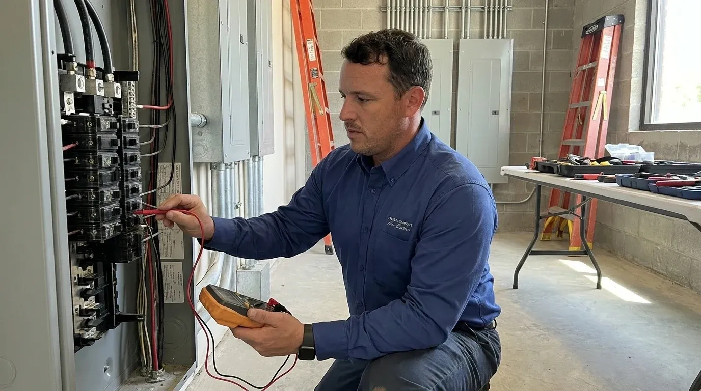 Coastal Comfort Electric Commercial Electrical Troubleshooting Field Review Coastal Comfort Electric technician checking electrical conditions for commercial electrical troubleshooting at a Wilmington-area commercial property.